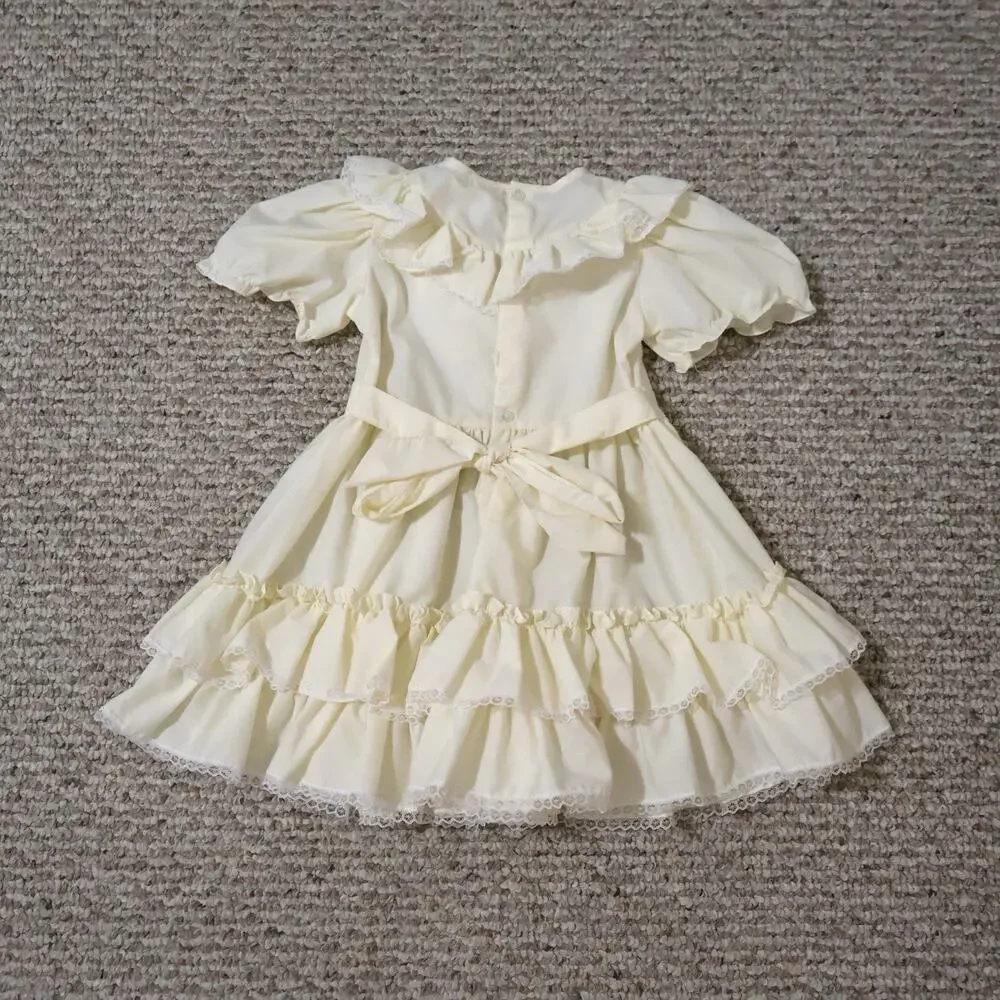 Vintage Butter Yellow Lace Tiered Ruffled Peasant Dress 4T Cottagecore Coquette